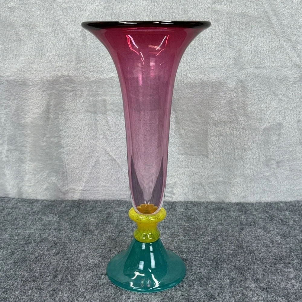 Hand Blown Glass Trumpet Vase Cranberry Teal Base Yellow Knob 12.5